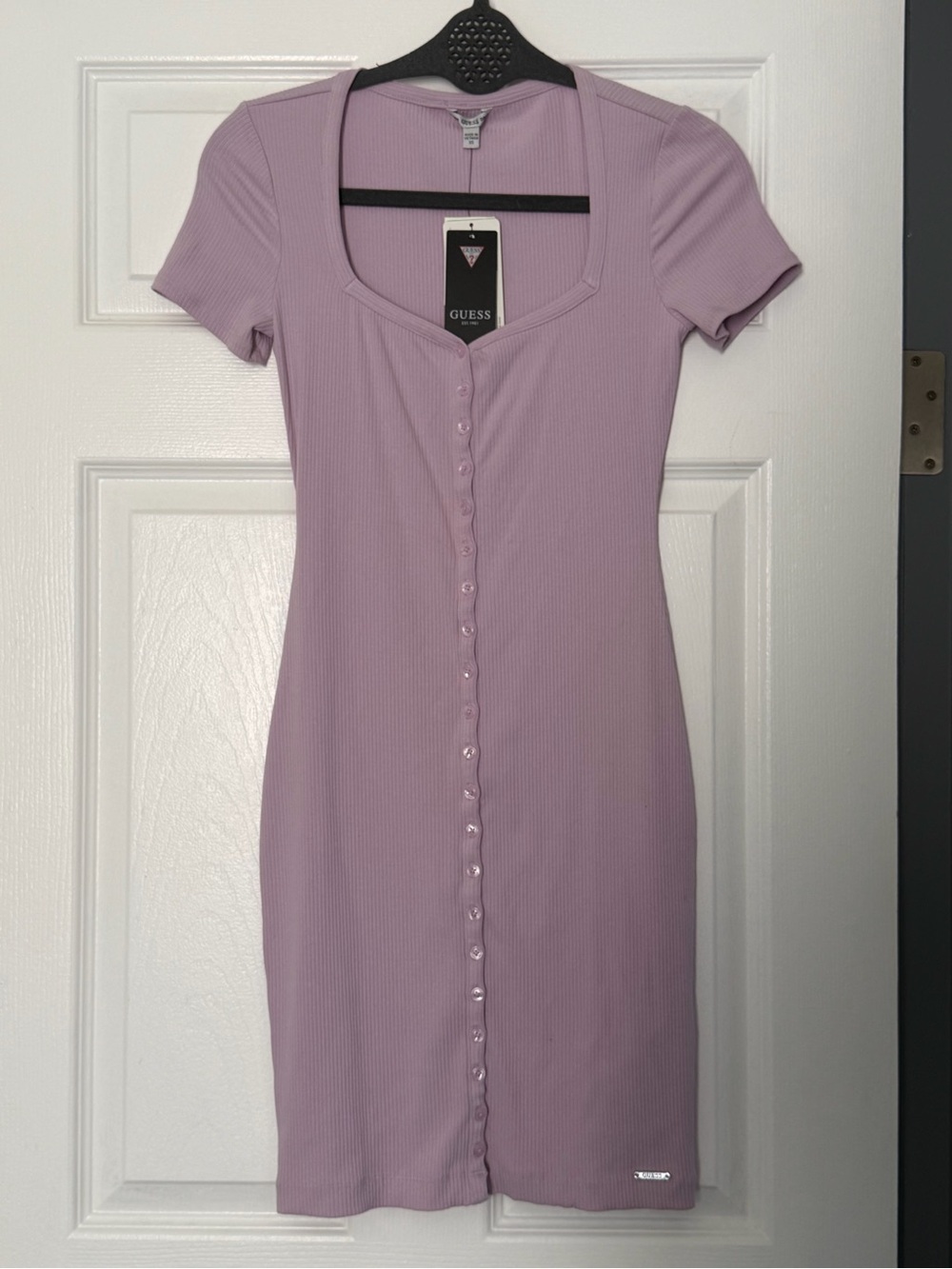 GUESS Emilia Dress XS Lilac Ribbed Button Front Bodycon Mini Dress NWT
